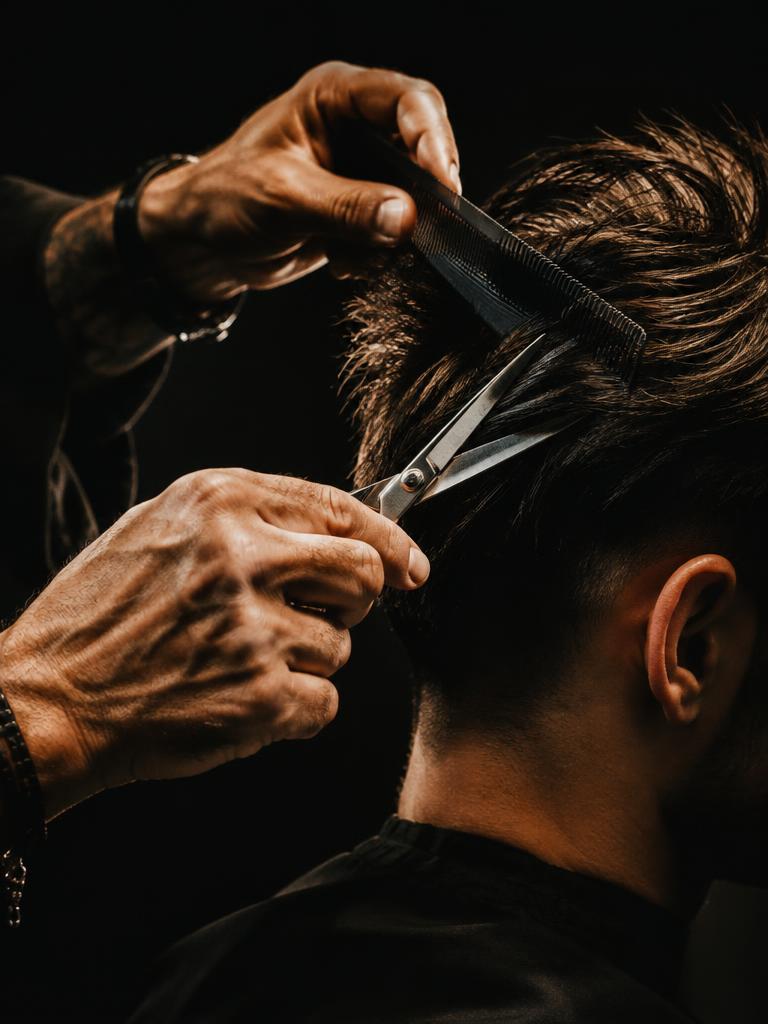 Barber cutting hair with scissors and comb